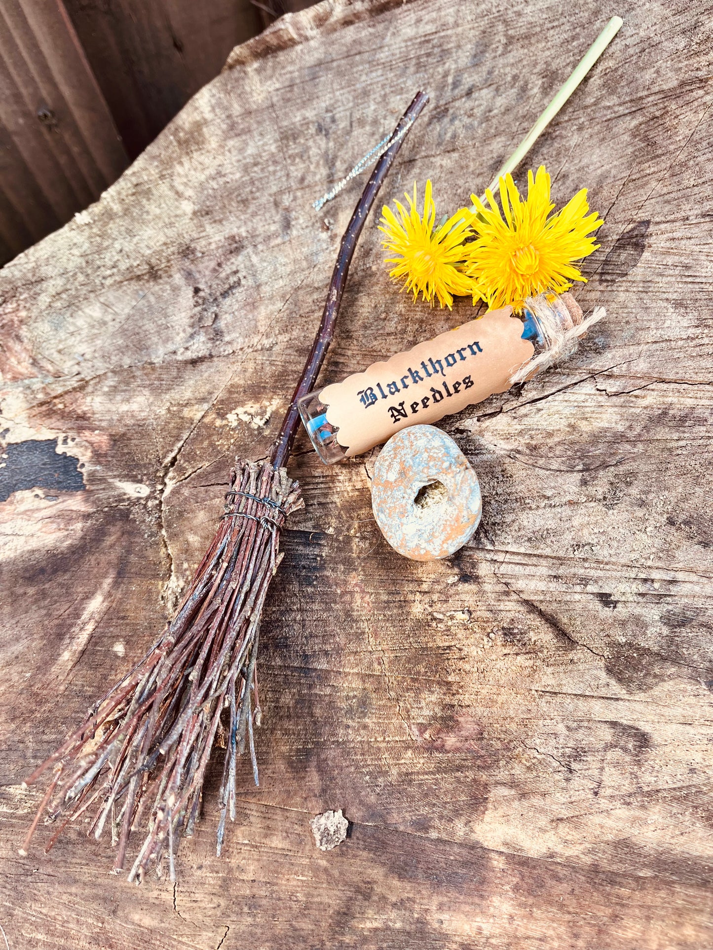 Mini Besom Broom, Hag stone & Blackthorn needles trio